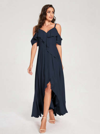 Princess A-Line Spaghetti Straps V-Neck Short Sleeve Asymmetrical Ruffled Bridesmaid Dress