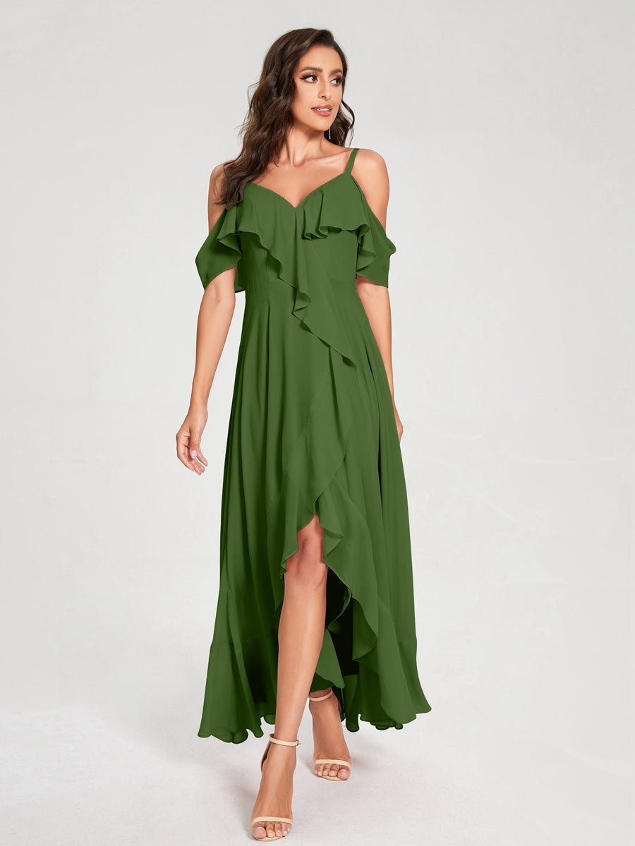 Princess A-Line Spaghetti Straps V-Neck Short Sleeve Asymmetrical Ruffled Bridesmaid Dress