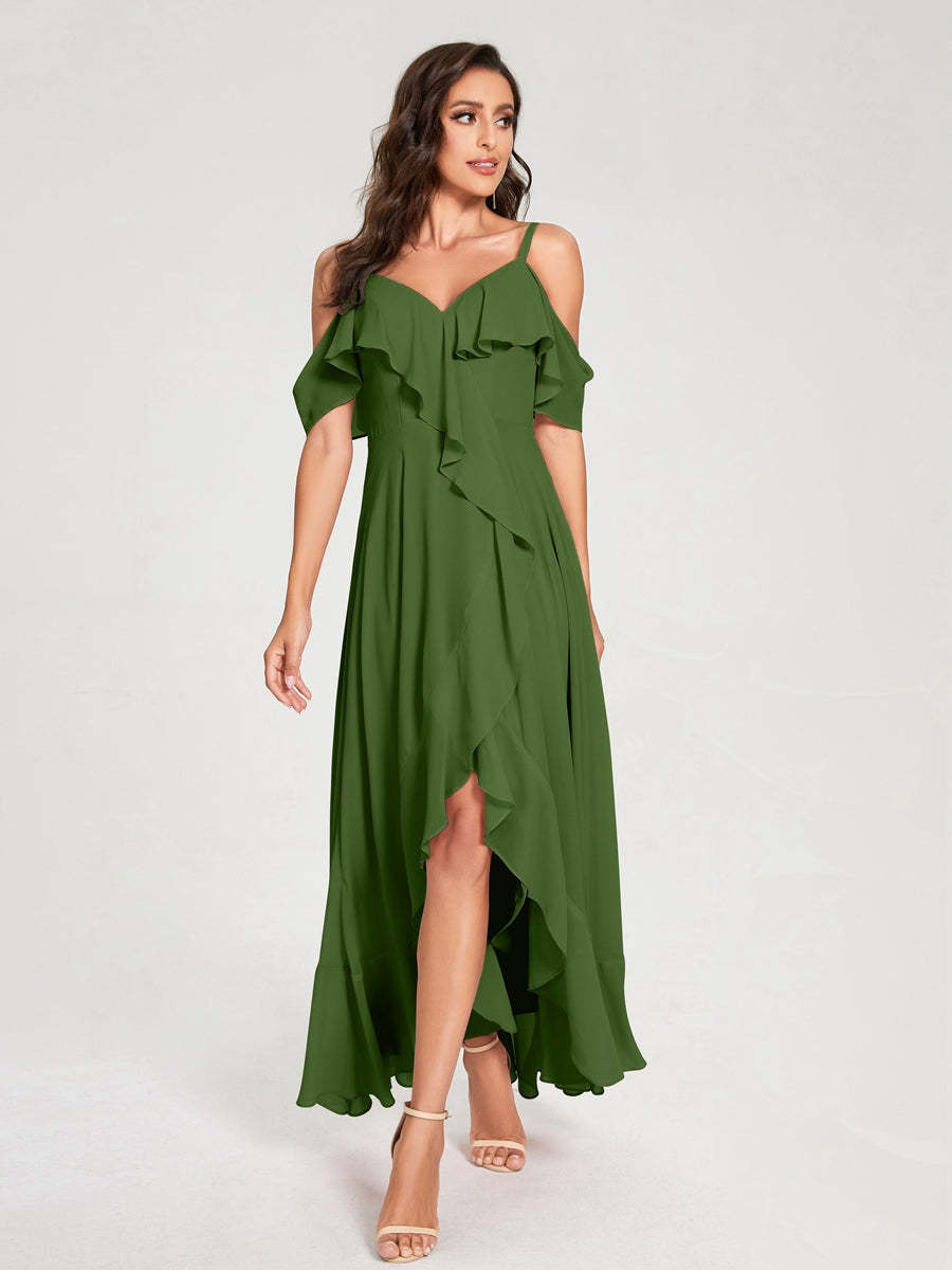 Princess A-Line Spaghetti Straps V-Neck Short Sleeve Asymmetrical Ruffled Bridesmaid Dress