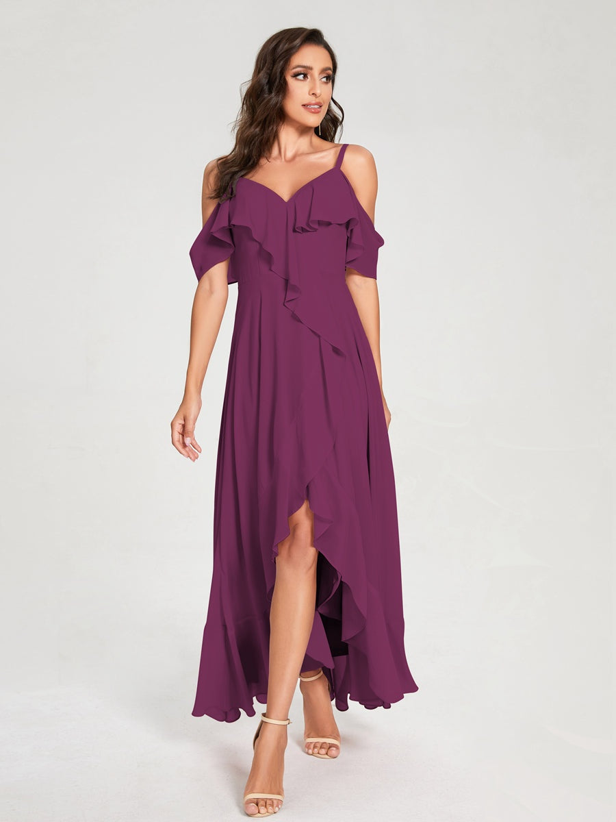 Princess A-Line Spaghetti Straps V-Neck Short Sleeve Asymmetrical Ruffled Bridesmaid Dress