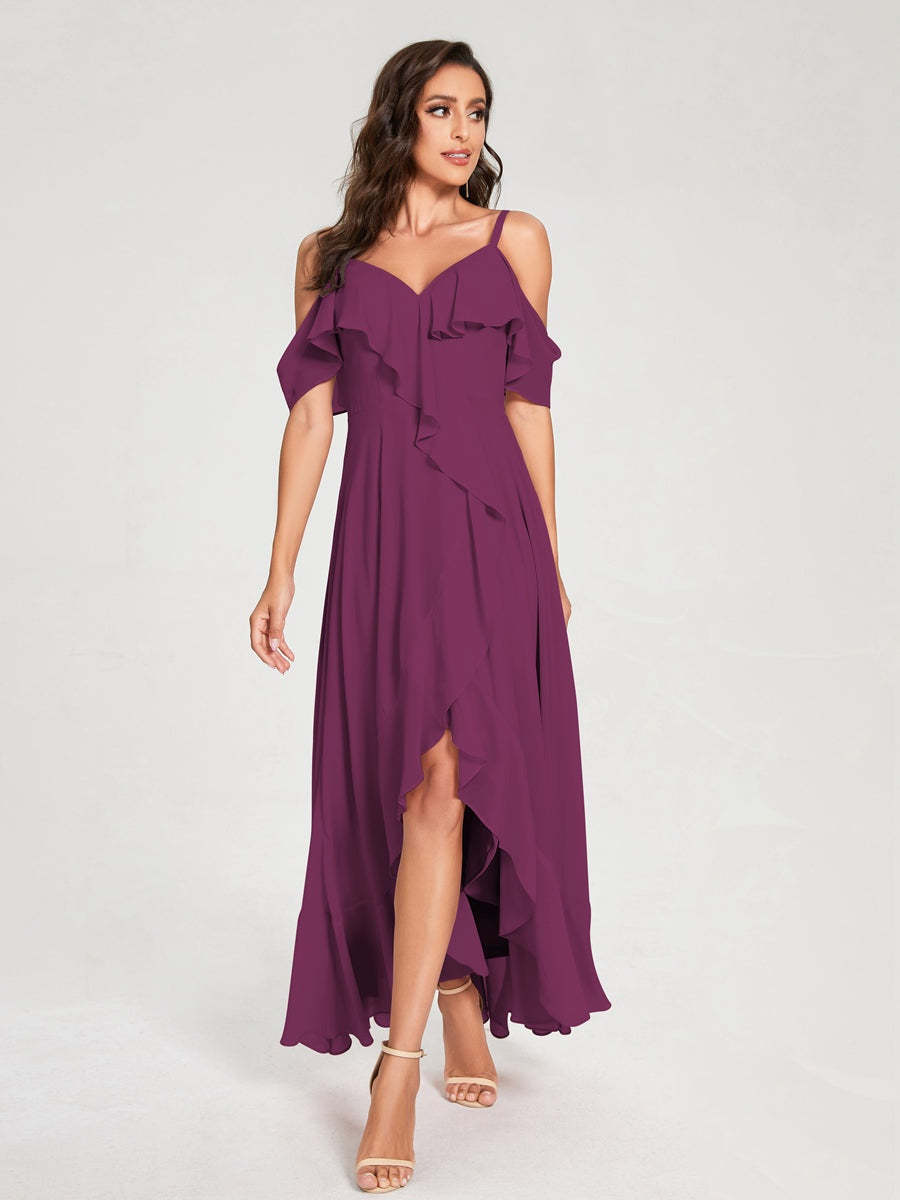 Princess A-Line Spaghetti Straps V-Neck Short Sleeve Asymmetrical Ruffled Bridesmaid Dress