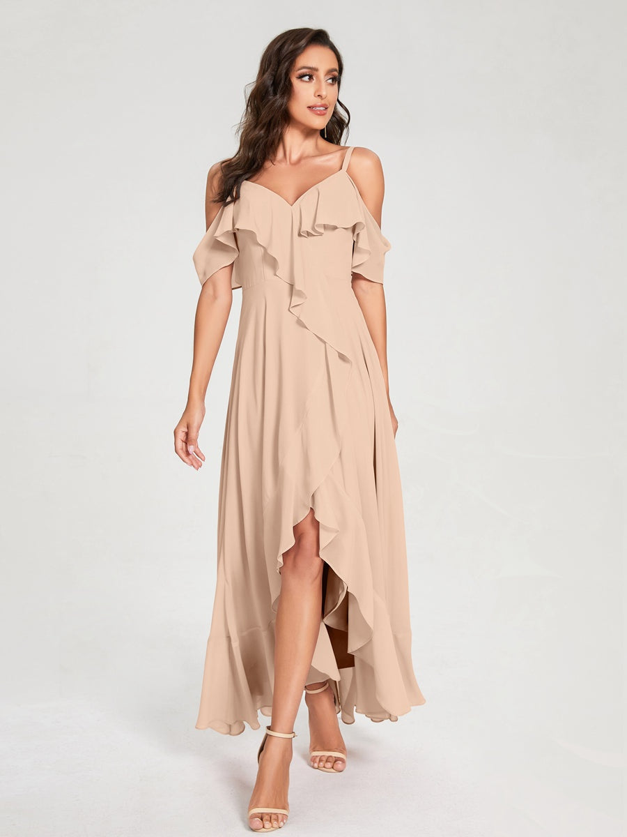 Princess A-Line Spaghetti Straps V-Neck Short Sleeve Asymmetrical Ruffled Bridesmaid Dress