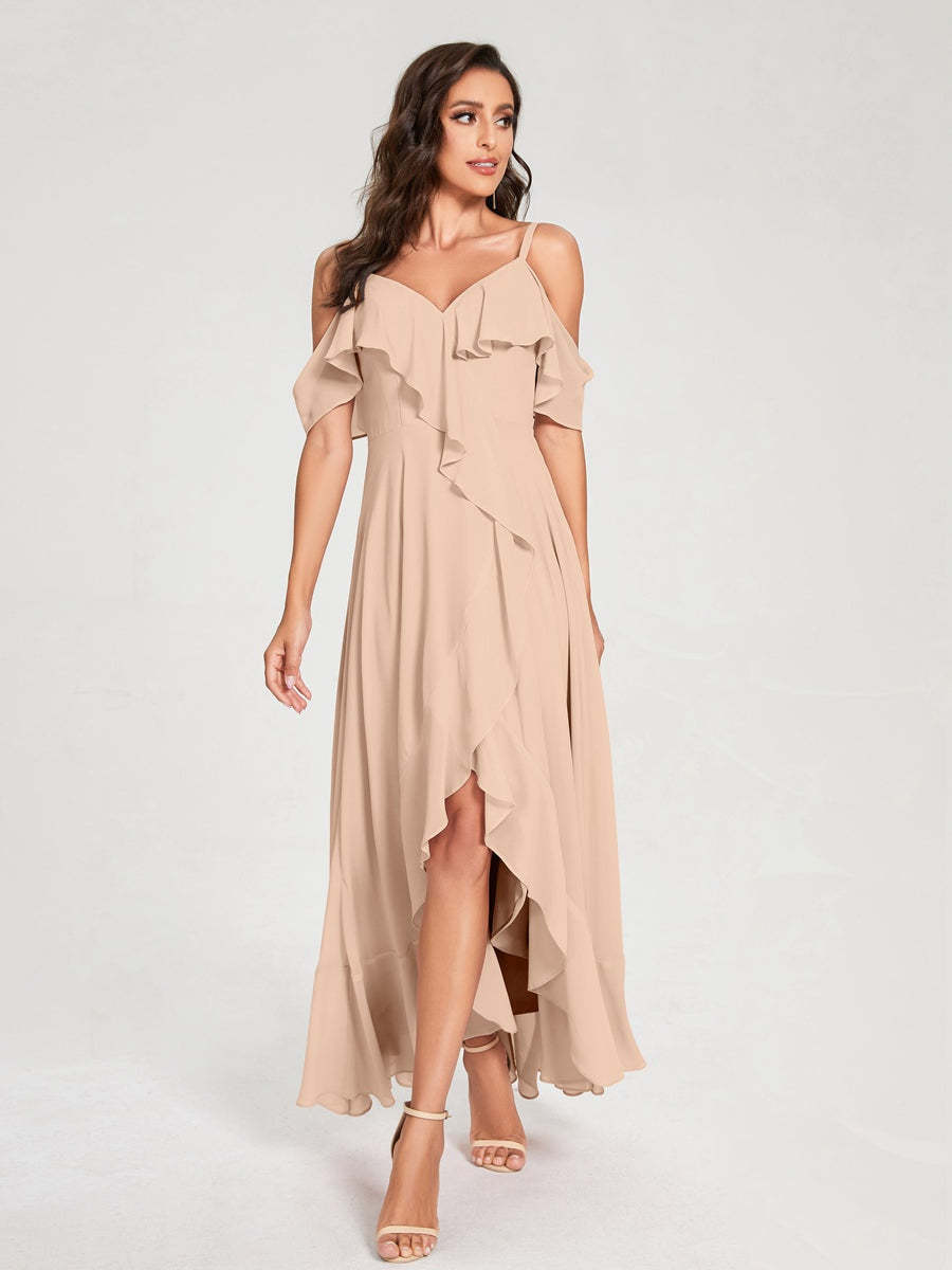 Princess A-Line Spaghetti Straps V-Neck Short Sleeve Asymmetrical Ruffled Bridesmaid Dress