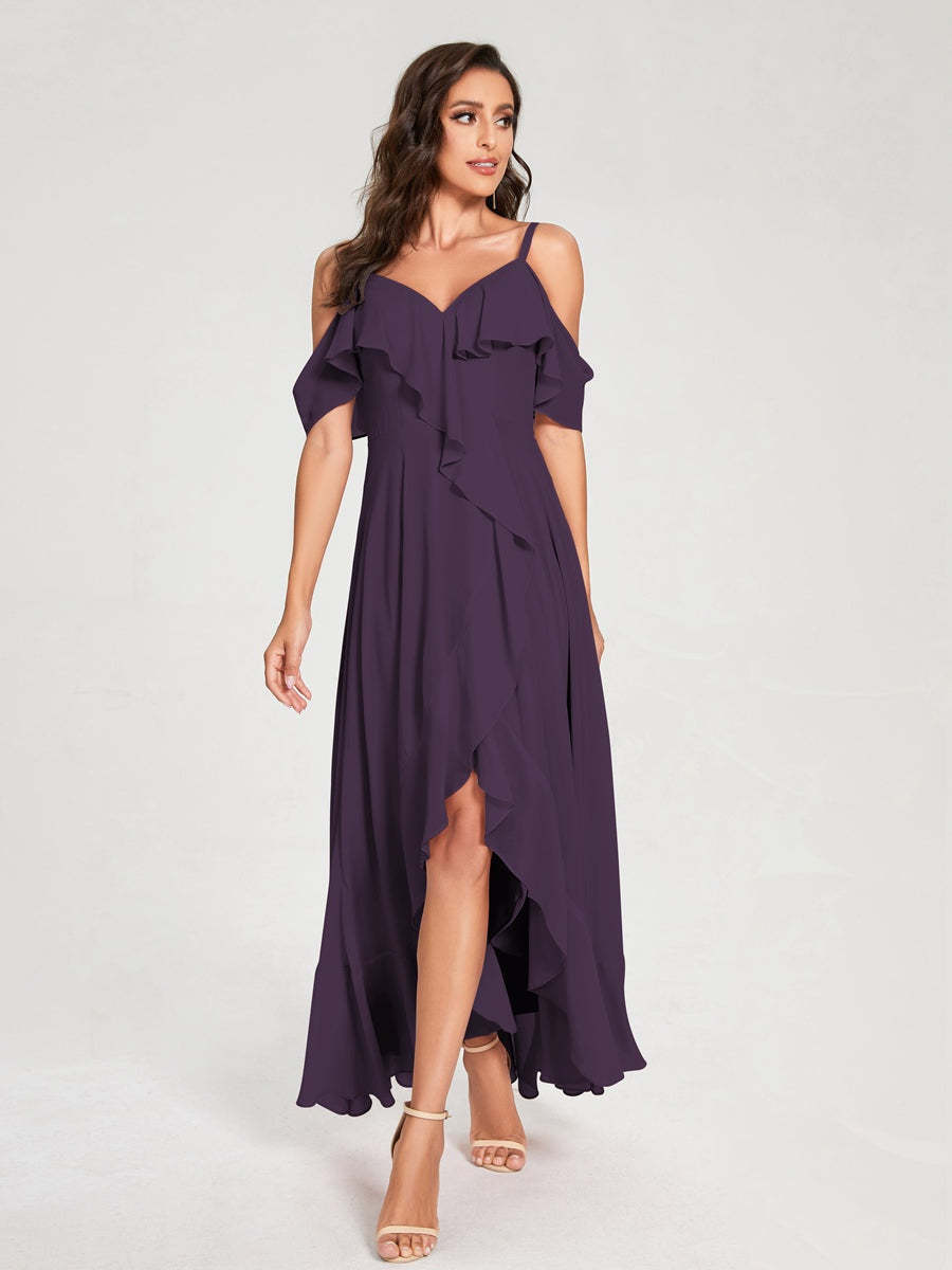 Princess A-Line Spaghetti Straps V-Neck Short Sleeve Asymmetrical Ruffled Bridesmaid Dress