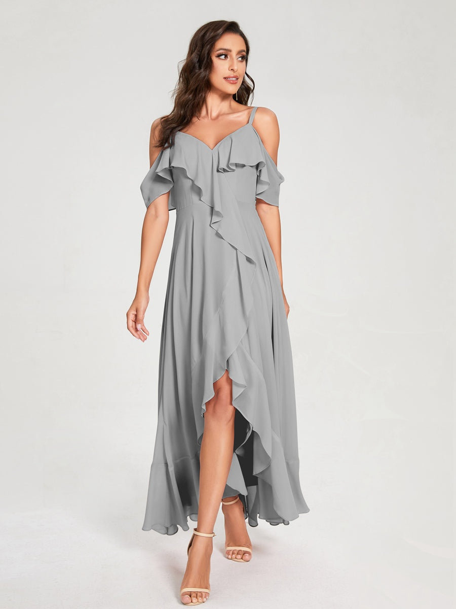 Princess A-Line Spaghetti Straps V-Neck Short Sleeve Asymmetrical Ruffled Bridesmaid Dress