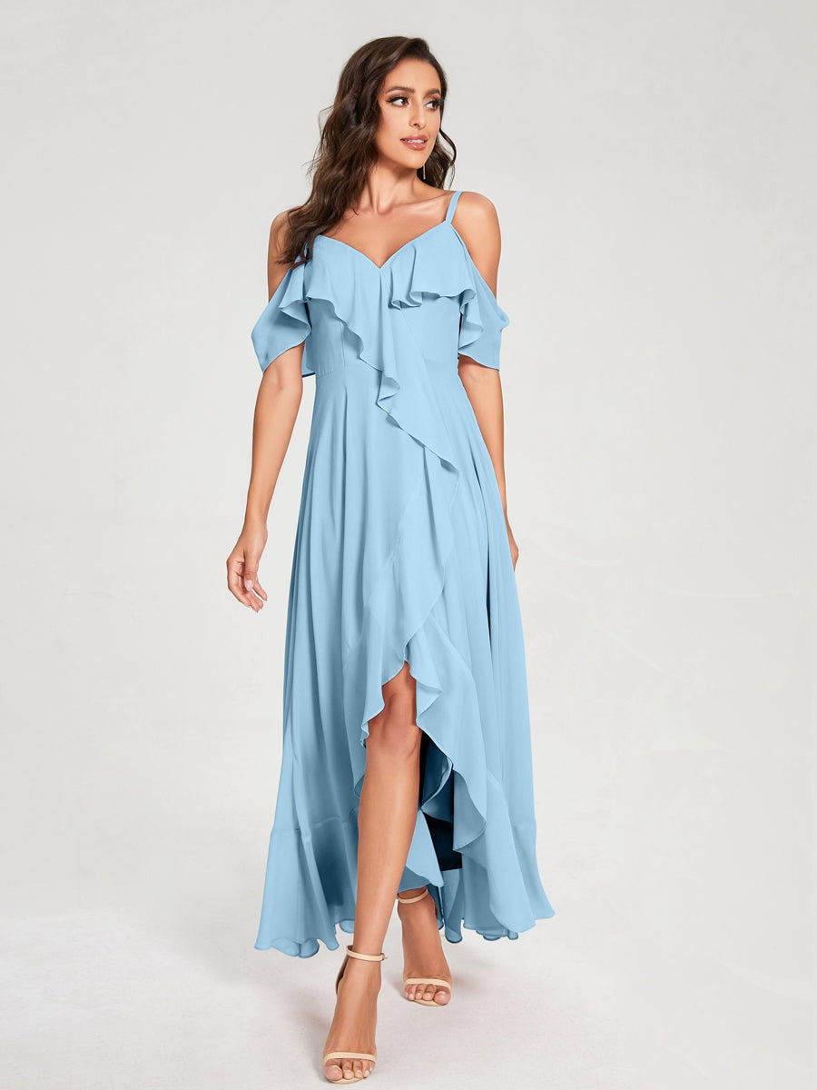 Princess A-Line Spaghetti Straps V-Neck Short Sleeve Asymmetrical Ruffled Bridesmaid Dress