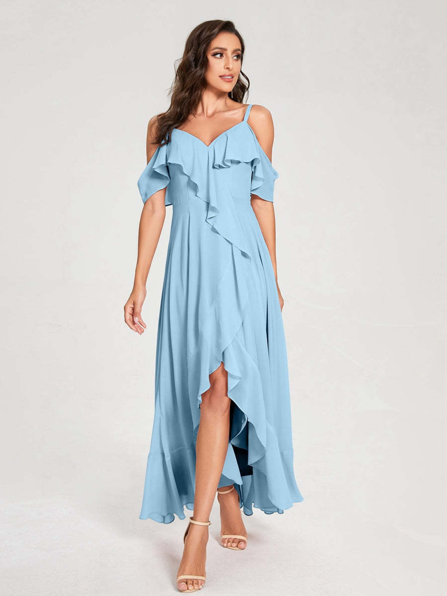 Princess A-Line Spaghetti Straps V-Neck Short Sleeve Asymmetrical Ruffled Bridesmaid Dress