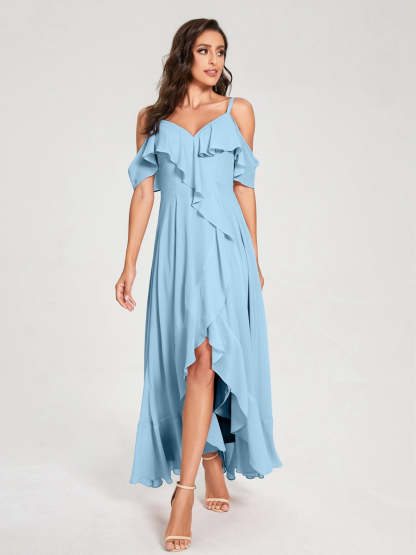 Princess A-Line Spaghetti Straps V-Neck Short Sleeve Asymmetrical Ruffled Bridesmaid Dress