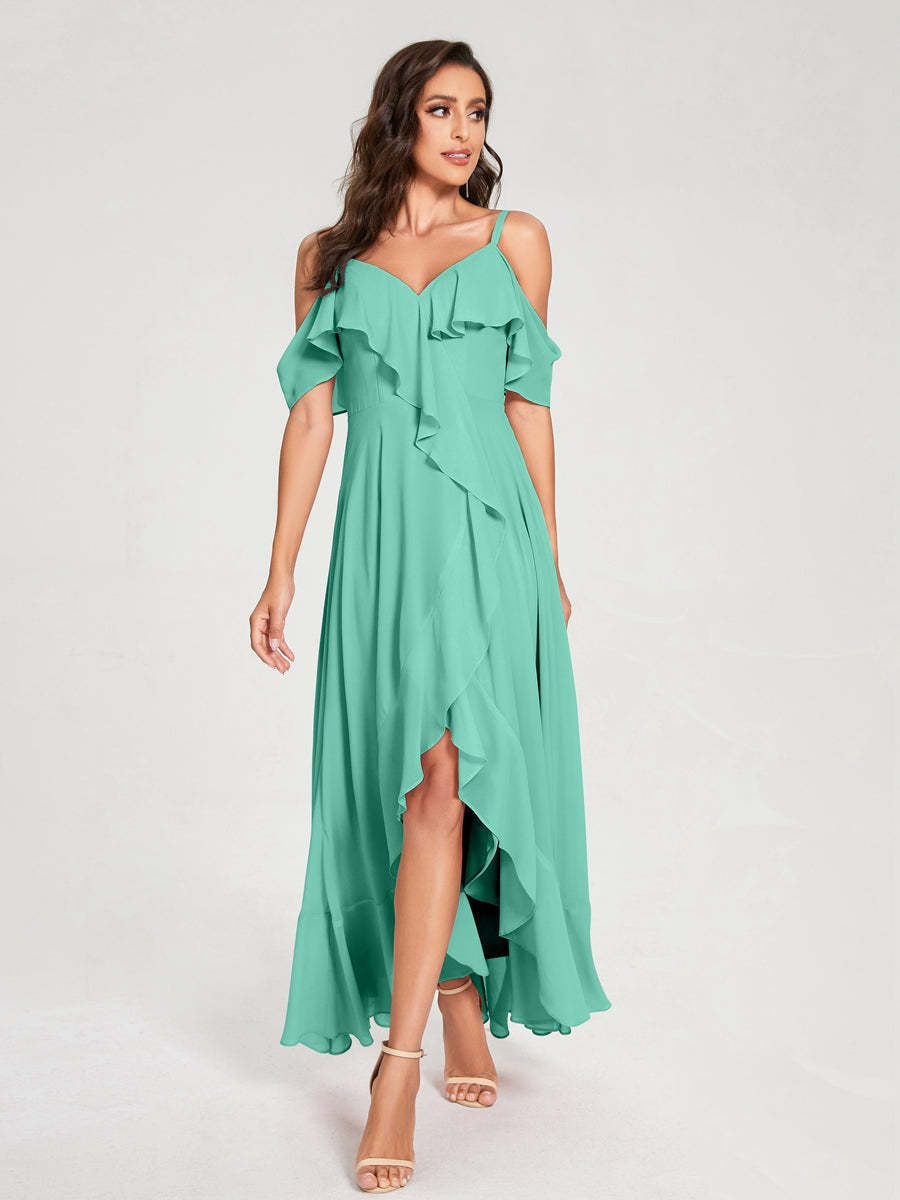 Princess A-Line Spaghetti Straps V-Neck Short Sleeve Asymmetrical Ruffled Bridesmaid Dress