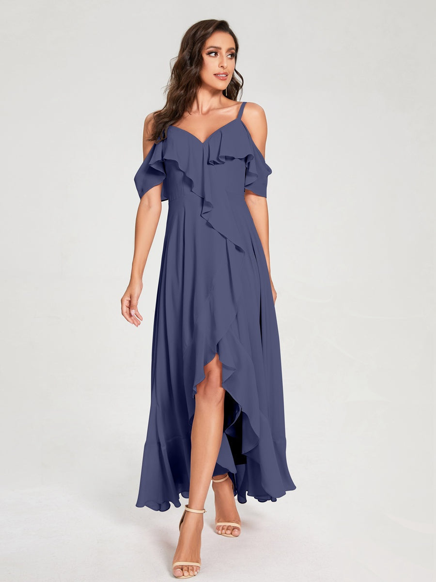 Princess A-Line Spaghetti Straps V-Neck Short Sleeve Asymmetrical Ruffled Bridesmaid Dress