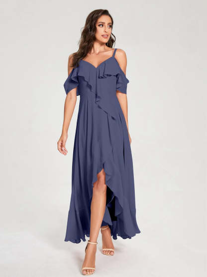 Princess A-Line Spaghetti Straps V-Neck Short Sleeve Asymmetrical Ruffled Bridesmaid Dress