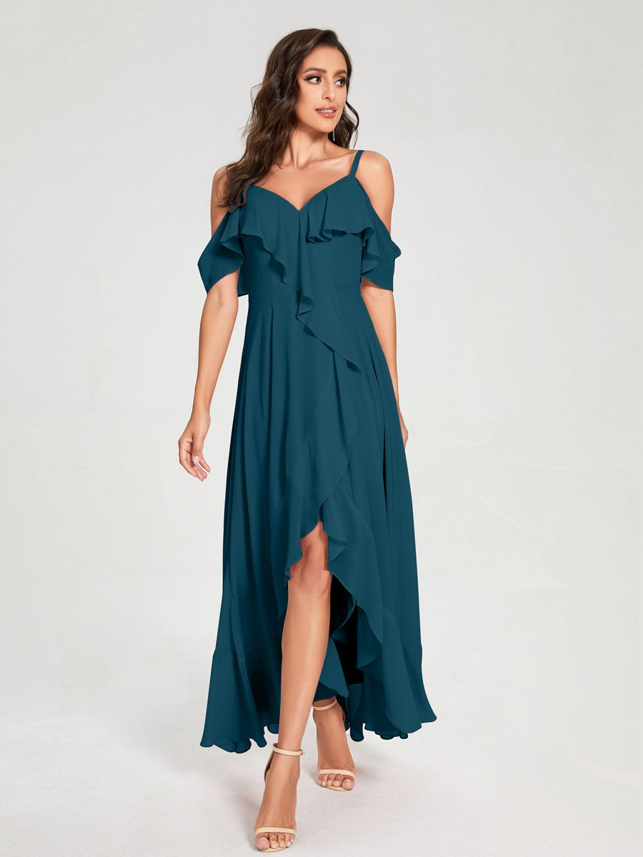 Princess A-Line Spaghetti Straps V-Neck Short Sleeve Asymmetrical Ruffled Bridesmaid Dress