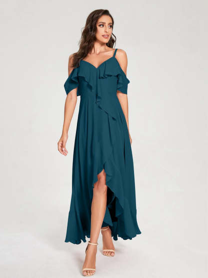 Princess A-Line Spaghetti Straps V-Neck Short Sleeve Asymmetrical Ruffled Bridesmaid Dress