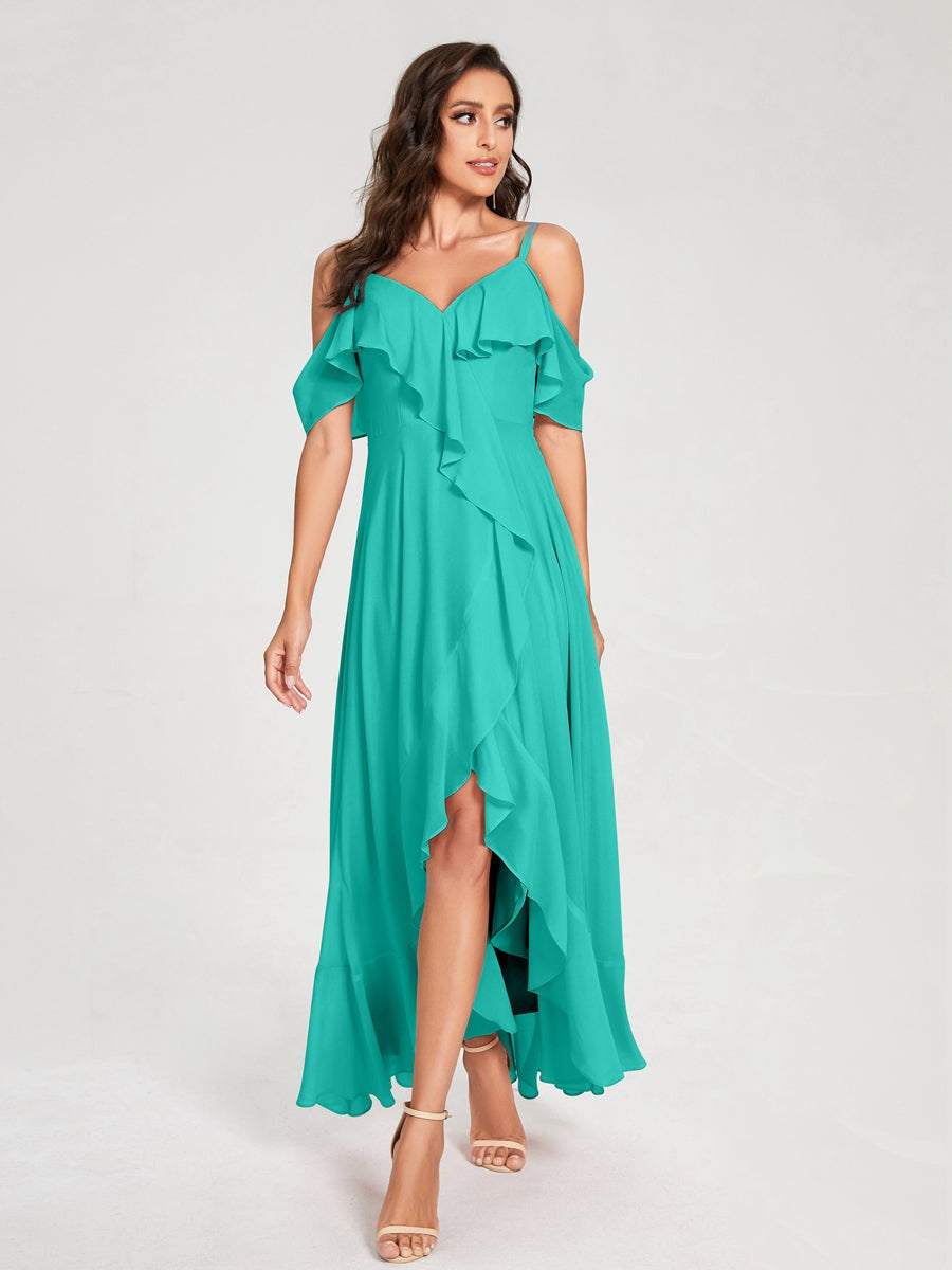 Princess A-Line Spaghetti Straps V-Neck Short Sleeve Asymmetrical Ruffled Bridesmaid Dress