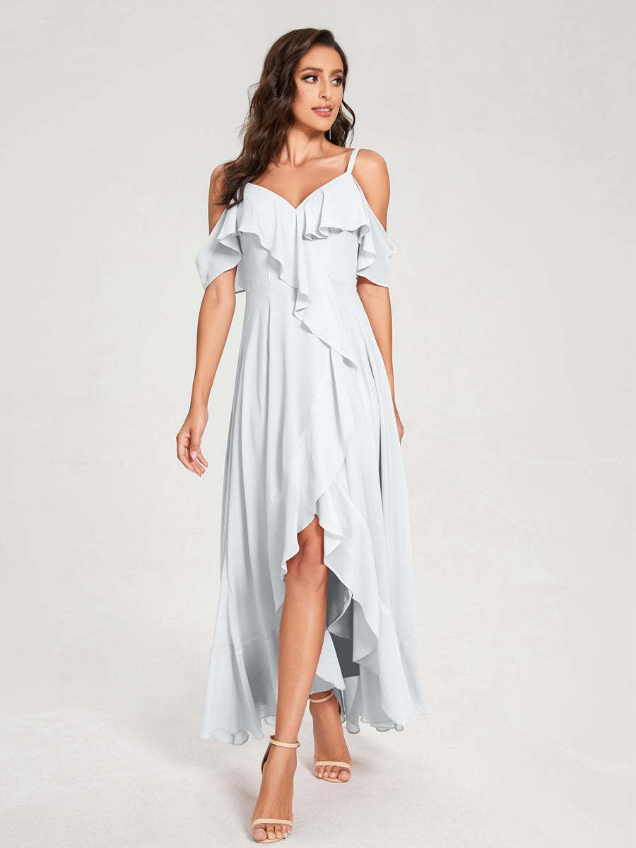 Princess A-Line Spaghetti Straps V-Neck Short Sleeve Asymmetrical Ruffled Bridesmaid Dress