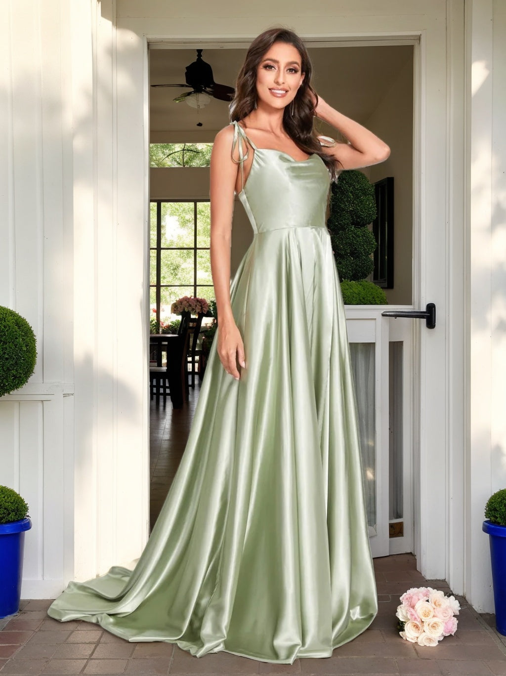 Spaghetti Strap Sleeveless A-Line Princess Floor-Length Bridesmaid Dress with Side Split