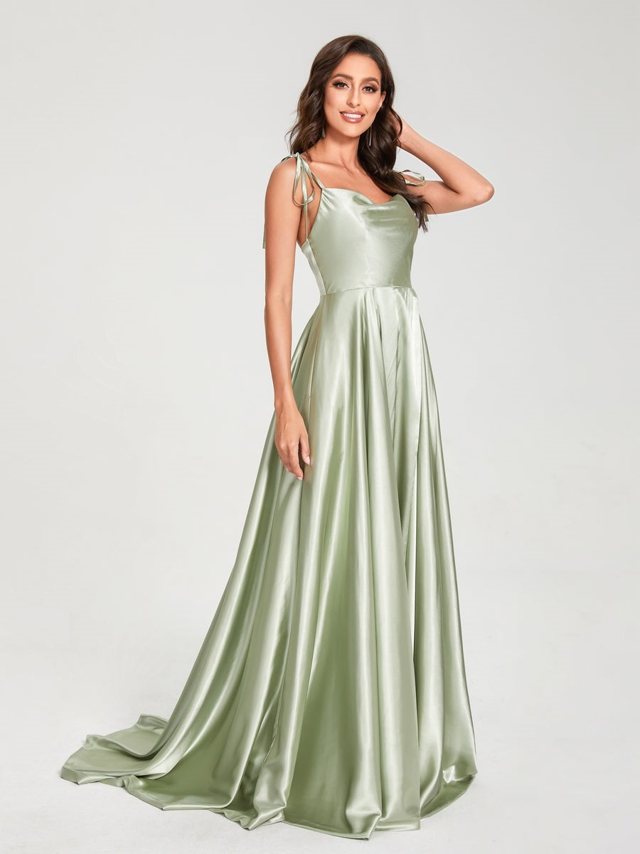 Spaghetti Strap Sleeveless A-Line Princess Floor-Length Bridesmaid Dress with Side Split
