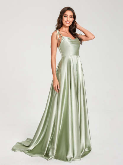 Spaghetti Strap Sleeveless A-Line Princess Floor-Length Bridesmaid Dress with Side Split