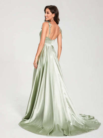 Spaghetti Strap Sleeveless A-Line Princess Floor-Length Bridesmaid Dress with Side Split