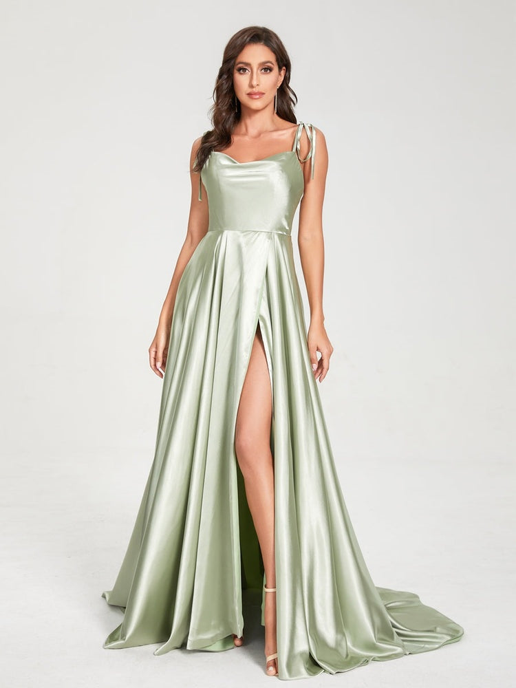 Spaghetti Strap Sleeveless A-Line Princess Floor-Length Bridesmaid Dress with Side Split