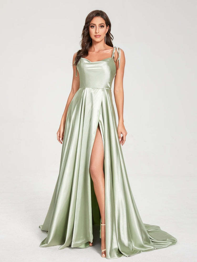 Spaghetti Strap Sleeveless A-Line Princess Floor-Length Bridesmaid Dress with Side Split