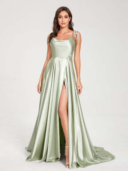 Spaghetti Strap Sleeveless A-Line Princess Floor-Length Bridesmaid Dress with Side Split