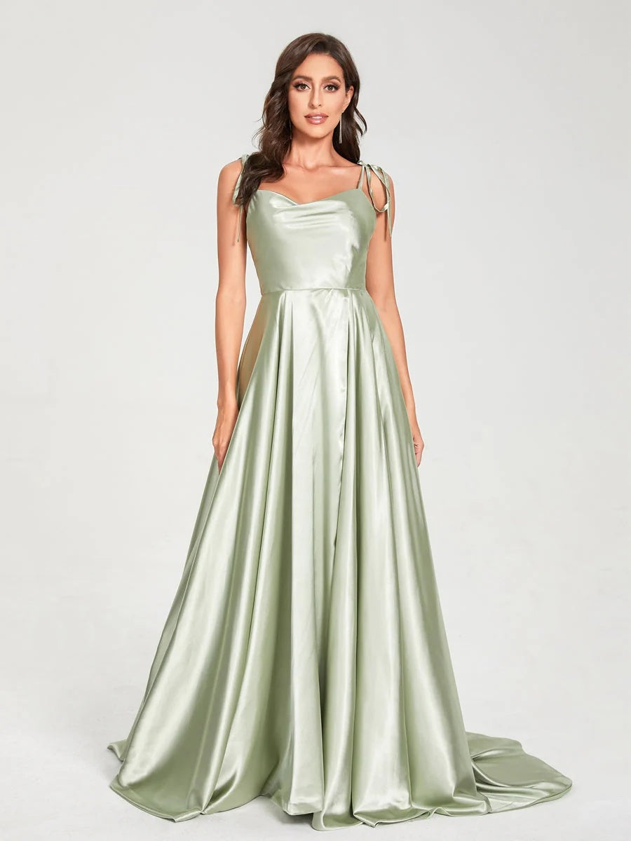 Spaghetti Strap Sleeveless A-Line Princess Floor-Length Bridesmaid Dress with Side Split