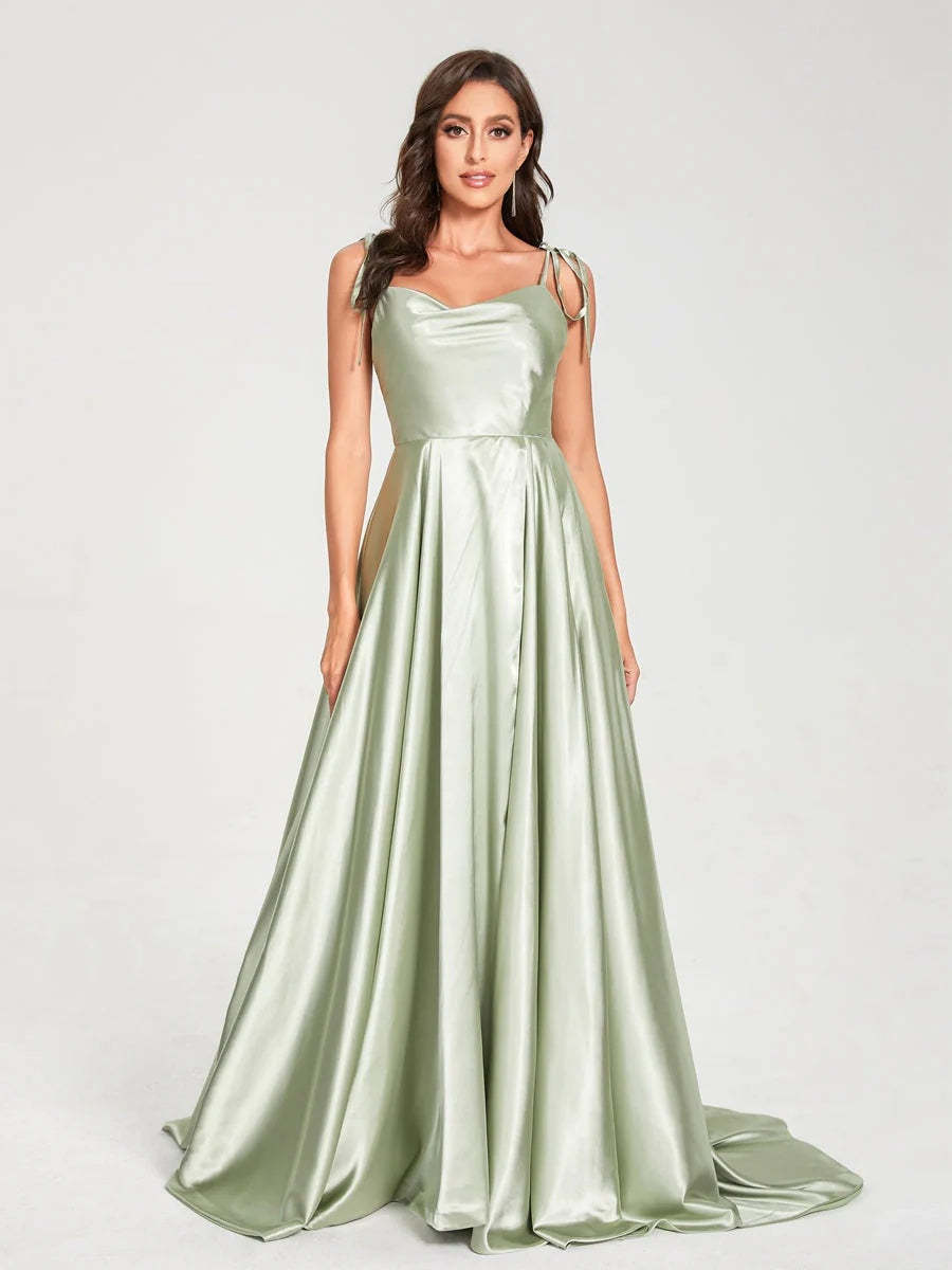 Spaghetti Strap Sleeveless A-Line Princess Floor-Length Bridesmaid Dress with Side Split