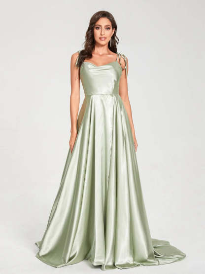 Spaghetti Strap Sleeveless A-Line Princess Floor-Length Bridesmaid Dress with Side Split
