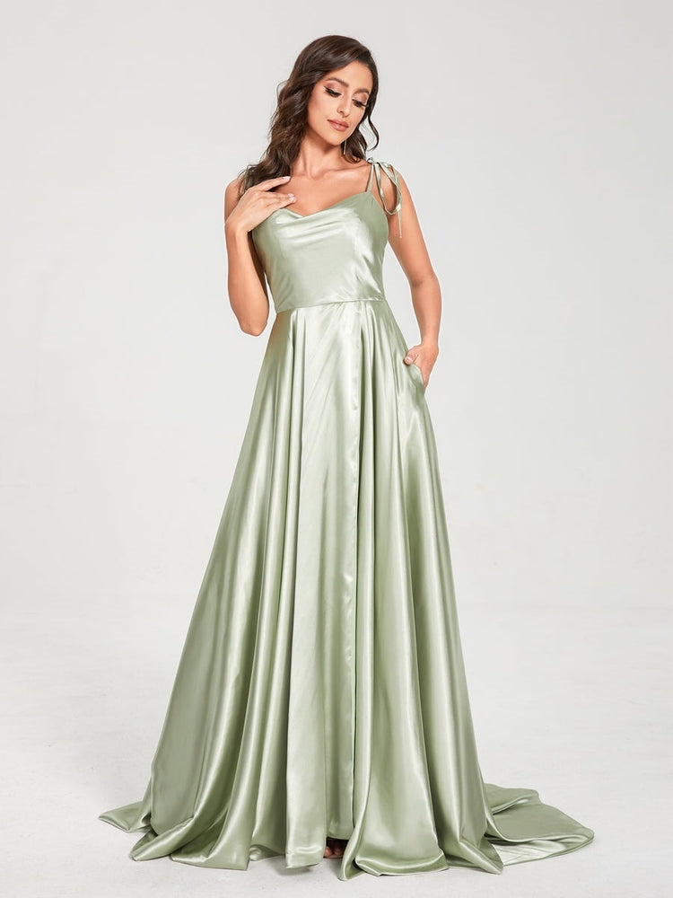 Spaghetti Strap Sleeveless A-Line Princess Floor-Length Bridesmaid Dress with Side Split