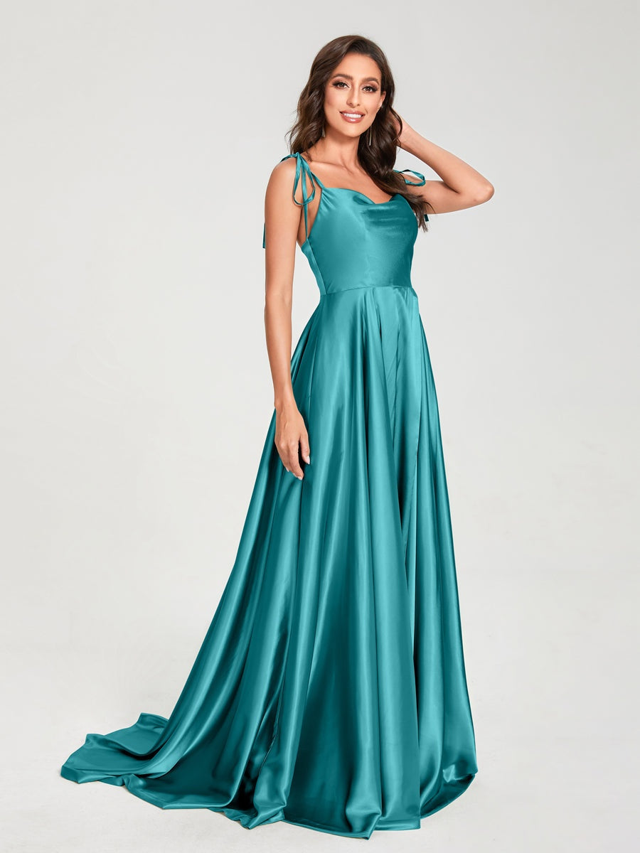 Spaghetti Strap Sleeveless A-Line Princess Floor-Length Bridesmaid Dress with Side Split