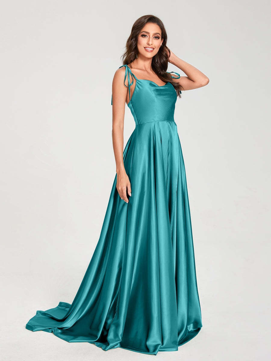 Spaghetti Strap Sleeveless A-Line Princess Floor-Length Bridesmaid Dress with Side Split