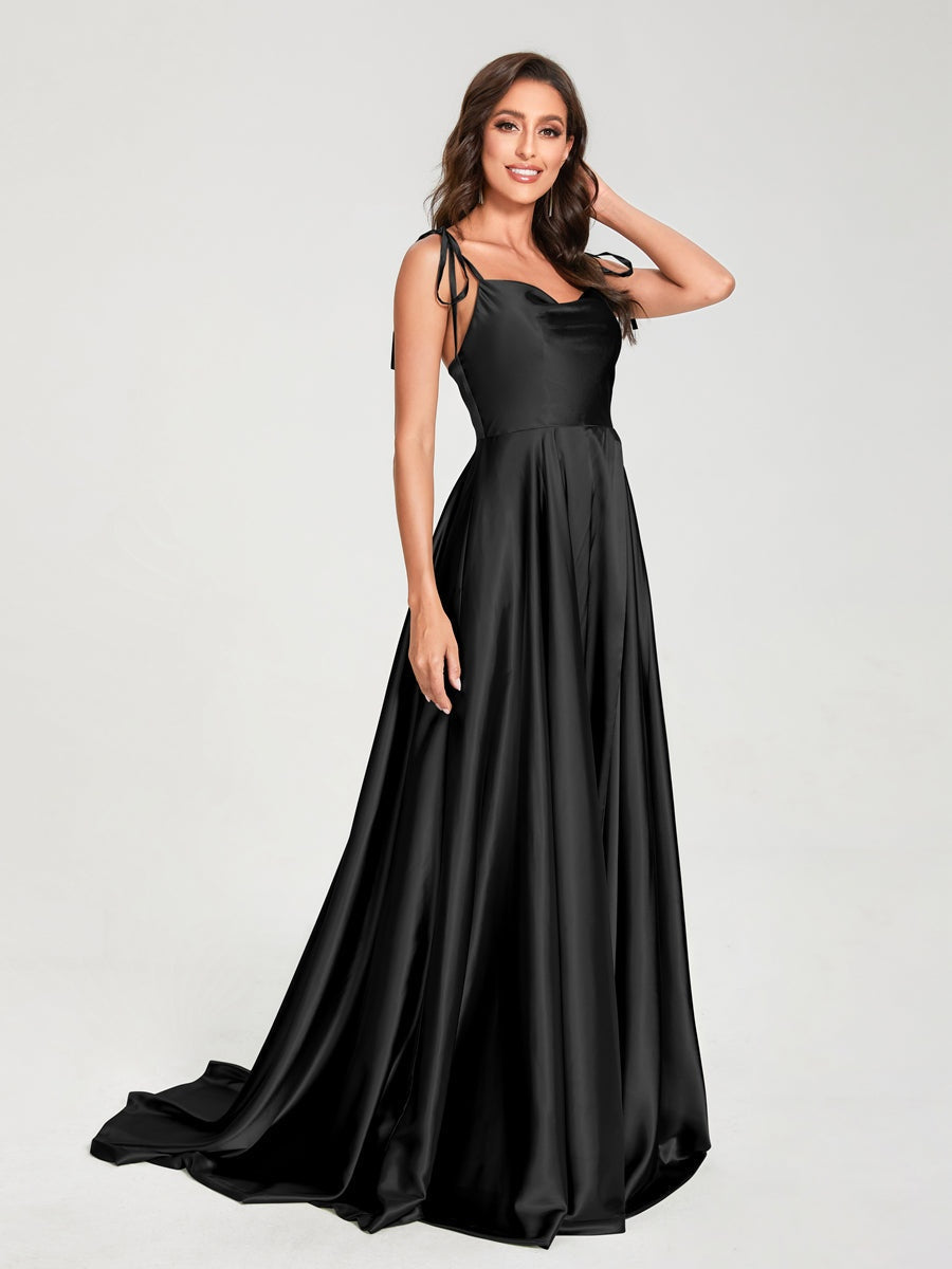 Spaghetti Strap Sleeveless A-Line Princess Floor-Length Bridesmaid Dress with Side Split