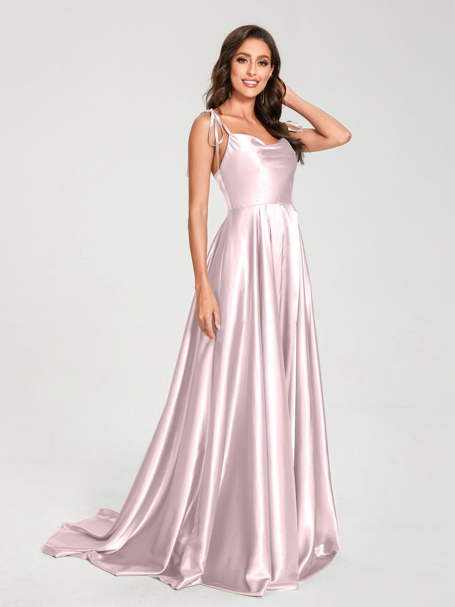 Spaghetti Strap Sleeveless A-Line Princess Floor-Length Bridesmaid Dress with Side Split