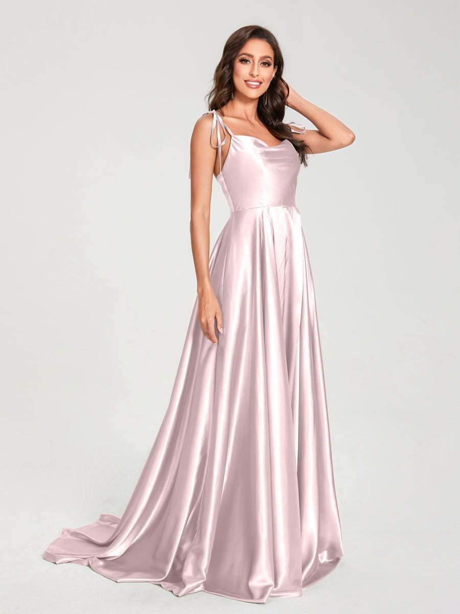 Spaghetti Strap Sleeveless A-Line Princess Floor-Length Bridesmaid Dress with Side Split