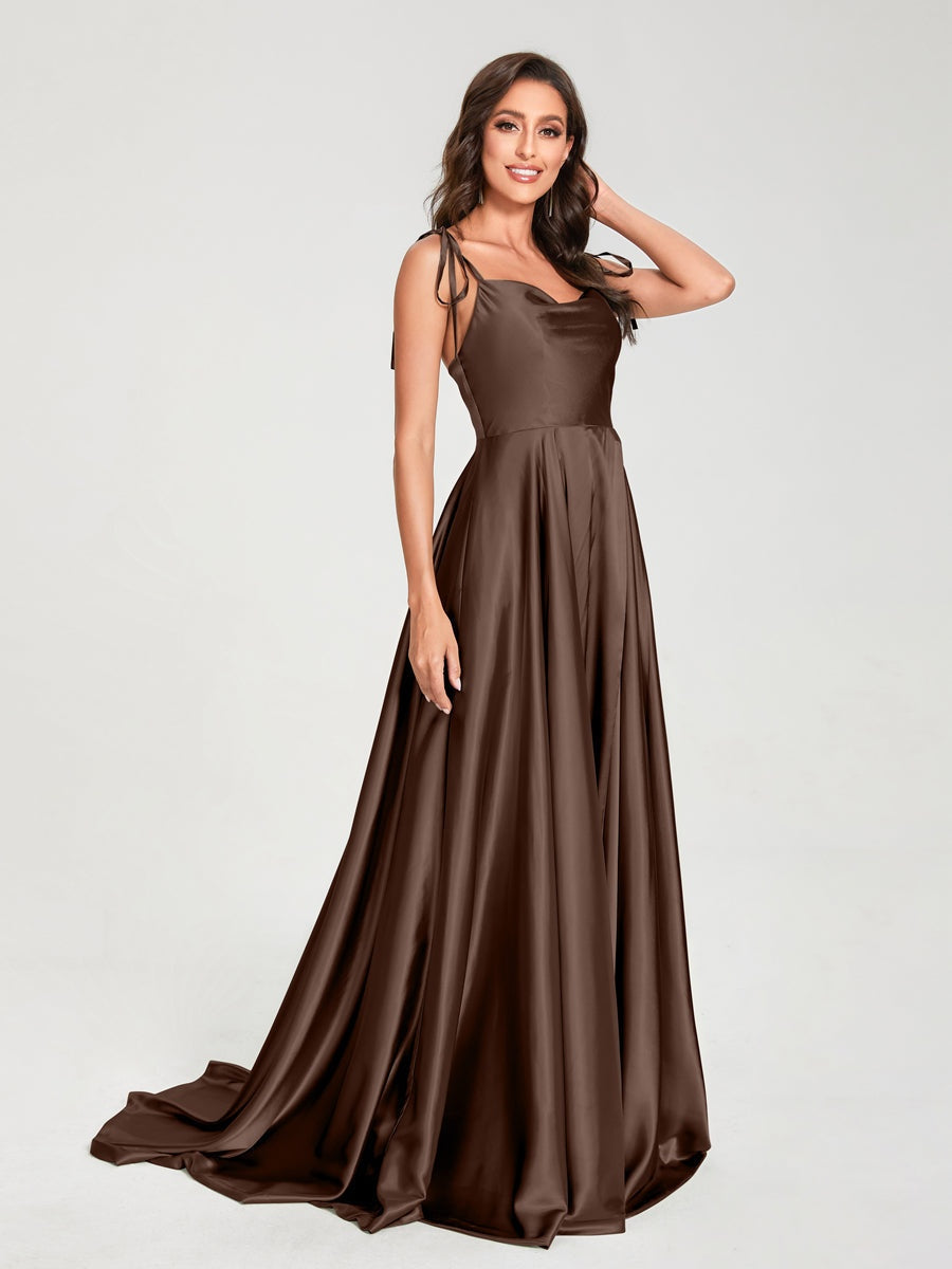Spaghetti Strap Sleeveless A-Line Princess Floor-Length Bridesmaid Dress with Side Split