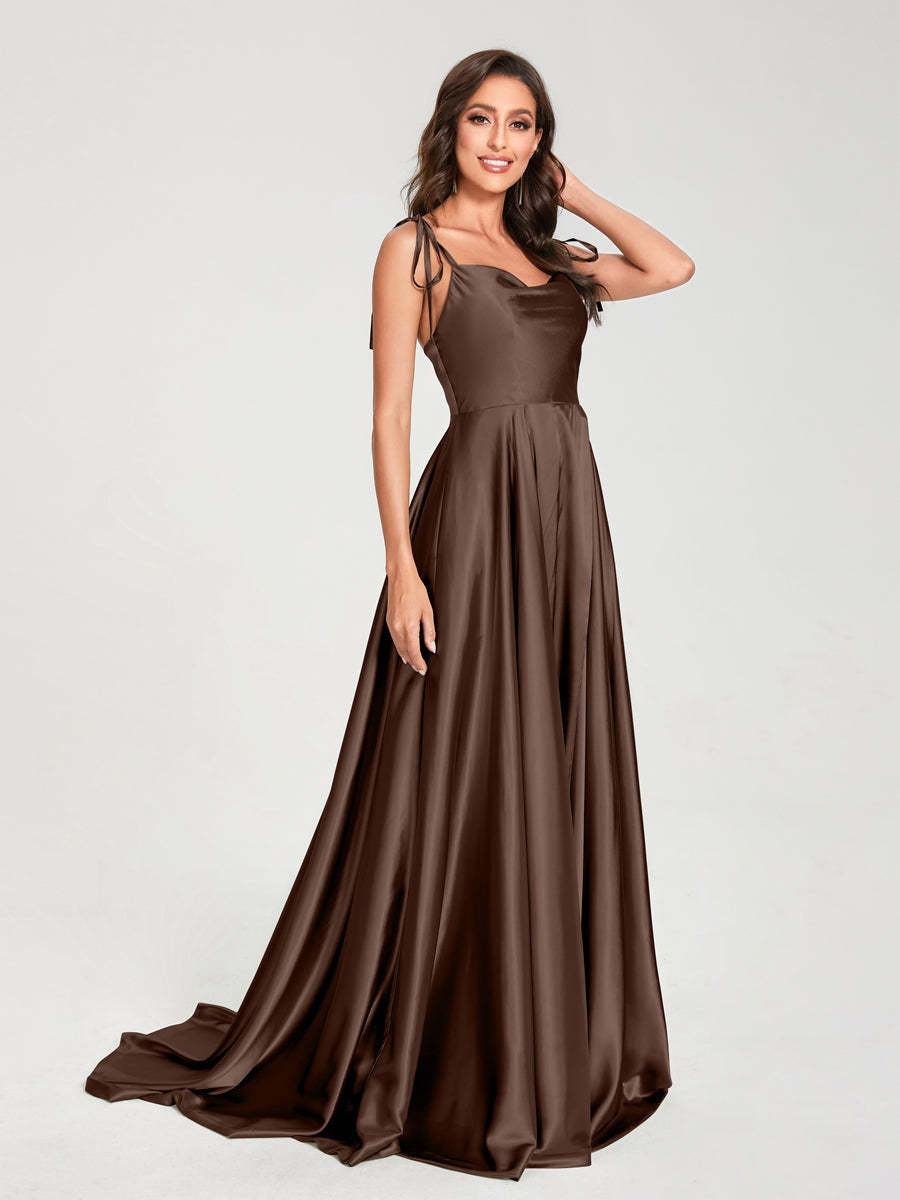 Spaghetti Strap Sleeveless A-Line Princess Floor-Length Bridesmaid Dress with Side Split