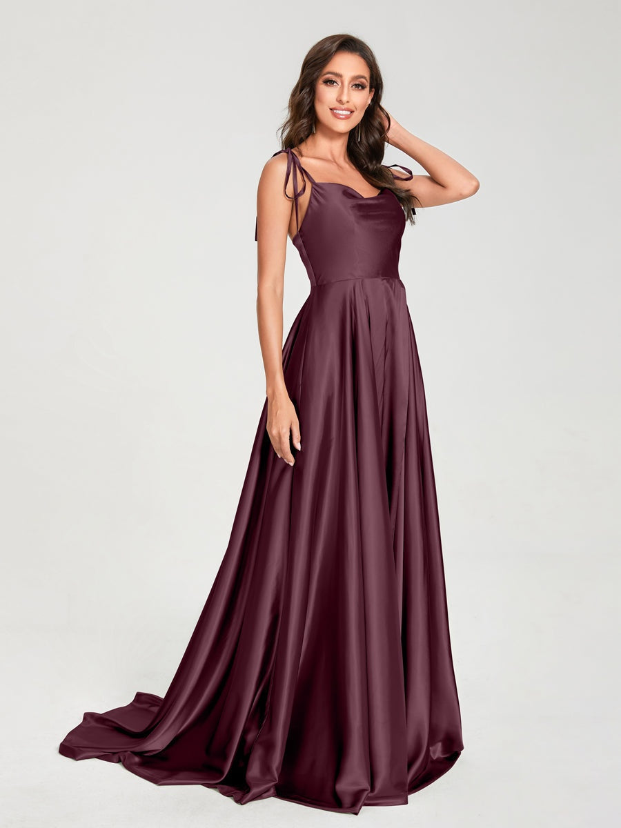 Spaghetti Strap Sleeveless A-Line Princess Floor-Length Bridesmaid Dress with Side Split