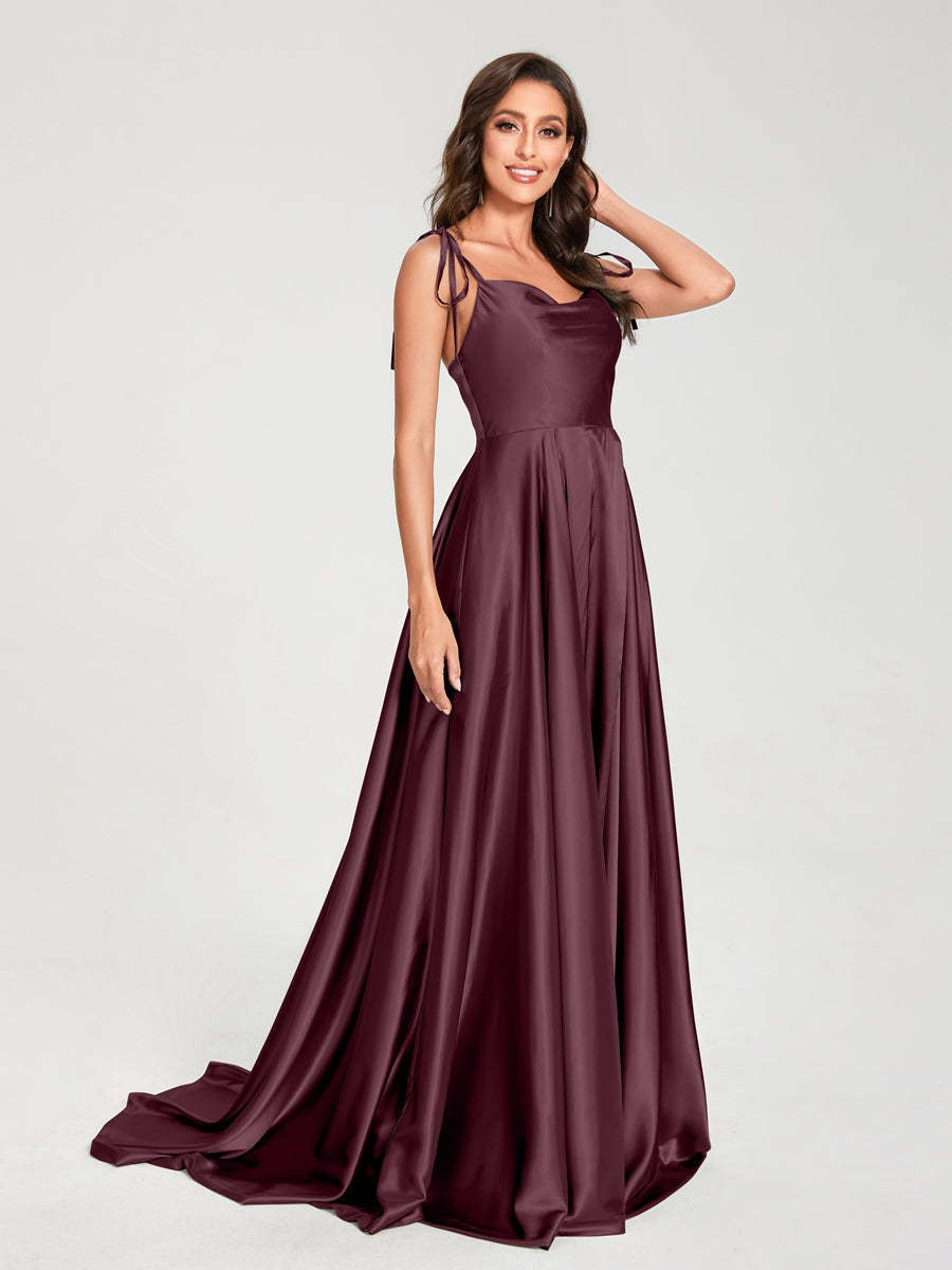 Spaghetti Strap Sleeveless A-Line Princess Floor-Length Bridesmaid Dress with Side Split