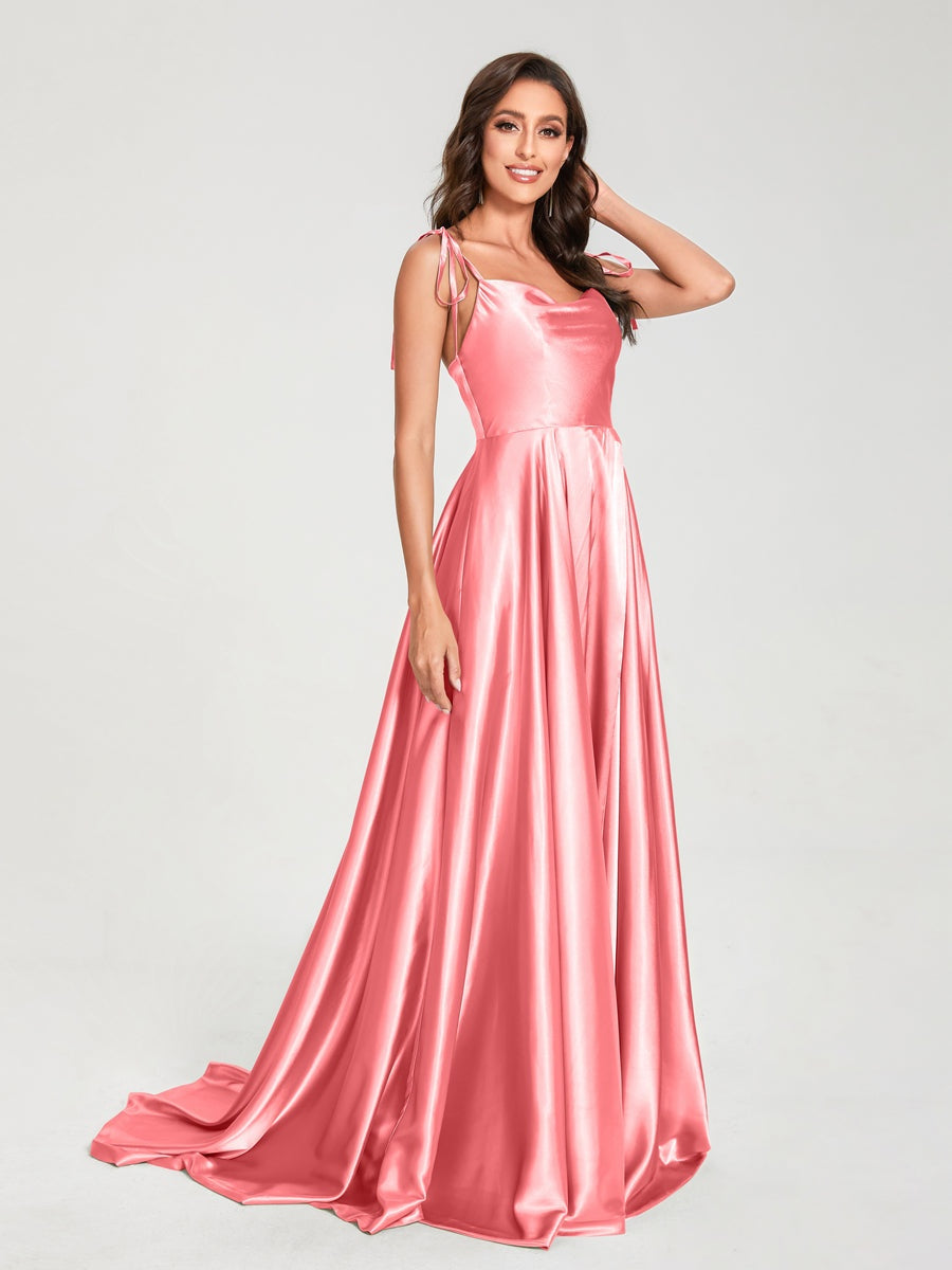 Spaghetti Strap Sleeveless A-Line Princess Floor-Length Bridesmaid Dress with Side Split