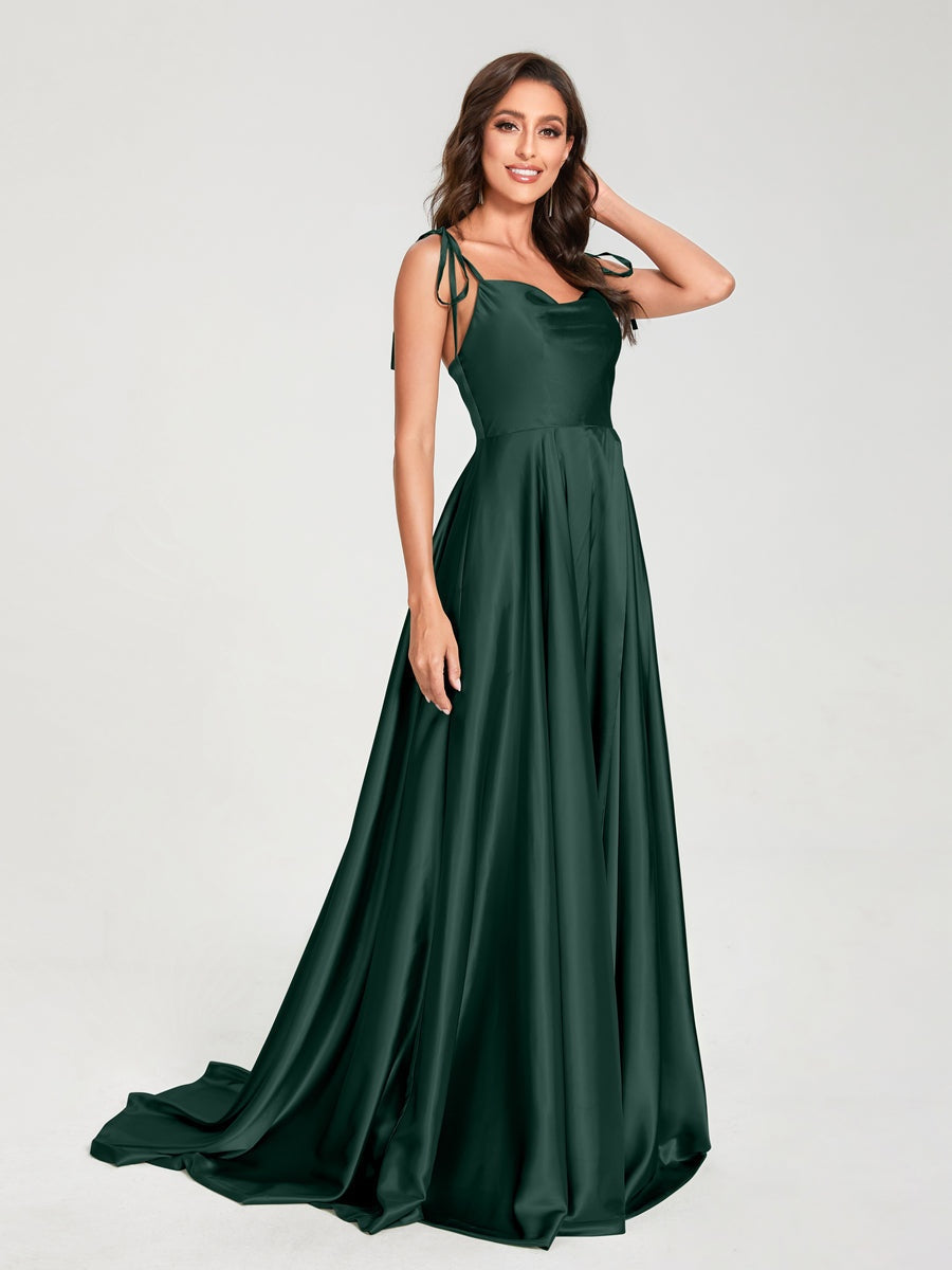 Spaghetti Strap Sleeveless A-Line Princess Floor-Length Bridesmaid Dress with Side Split