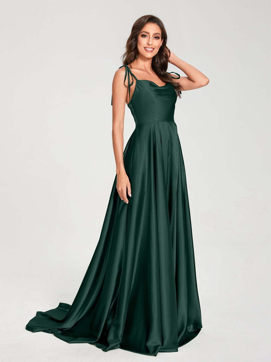 Spaghetti Strap Sleeveless A-Line Princess Floor-Length Bridesmaid Dress with Side Split