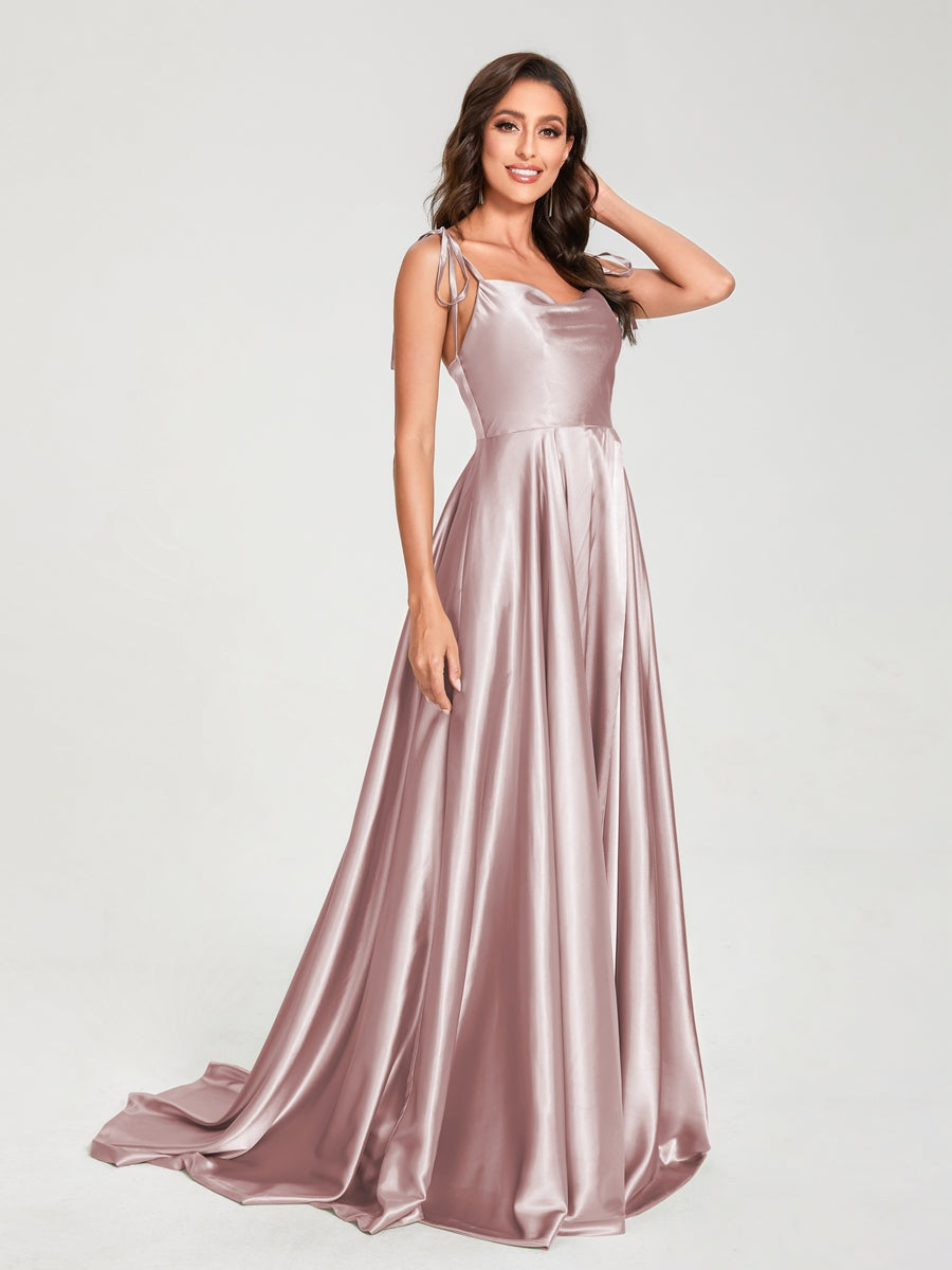 Spaghetti Strap Sleeveless A-Line Princess Floor-Length Bridesmaid Dress with Side Split