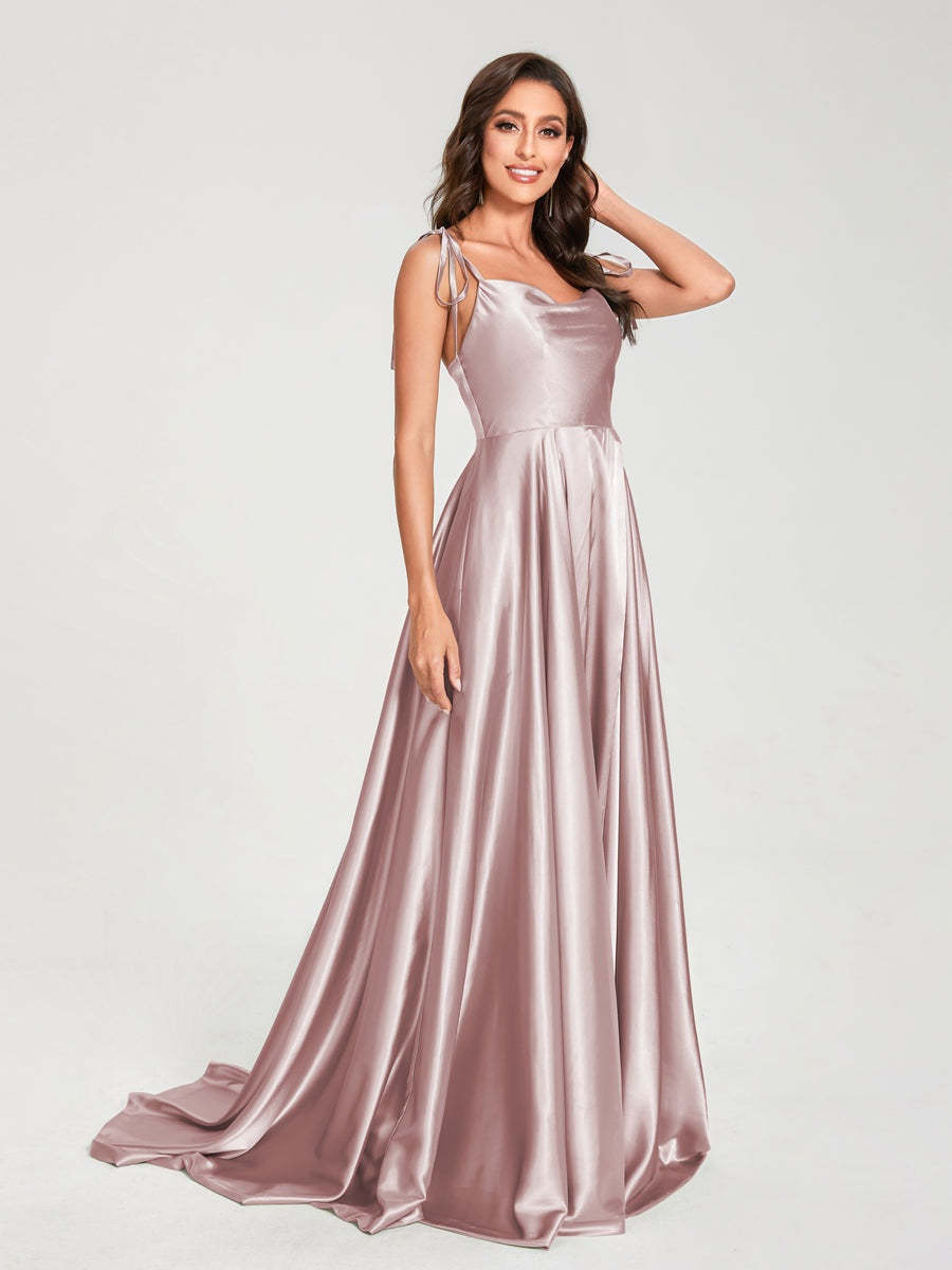 Spaghetti Strap Sleeveless A-Line Princess Floor-Length Bridesmaid Dress with Side Split