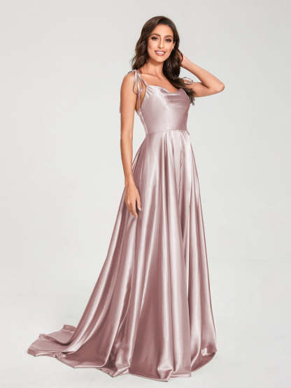 Spaghetti Strap Sleeveless A-Line Princess Floor-Length Bridesmaid Dress with Side Split