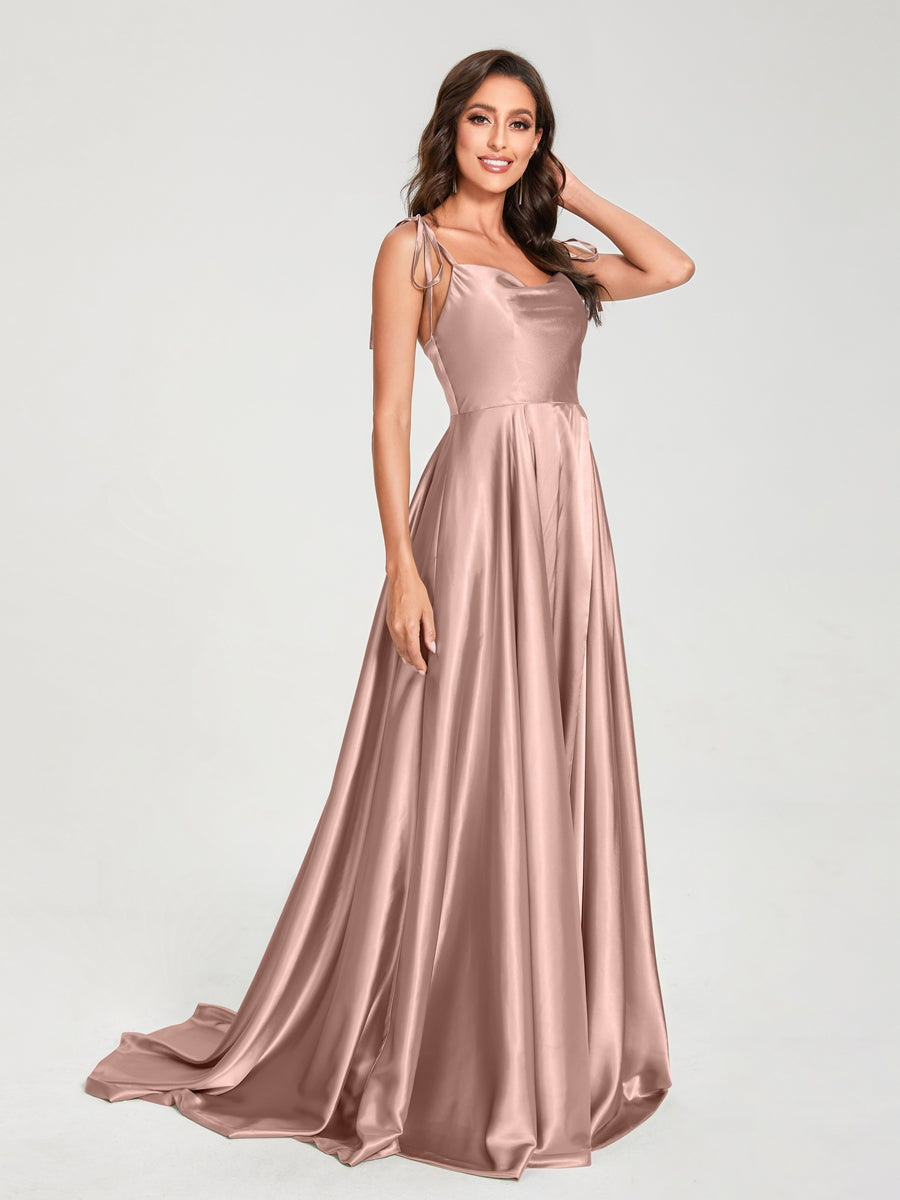 Spaghetti Strap Sleeveless A-Line Princess Floor-Length Bridesmaid Dress with Side Split