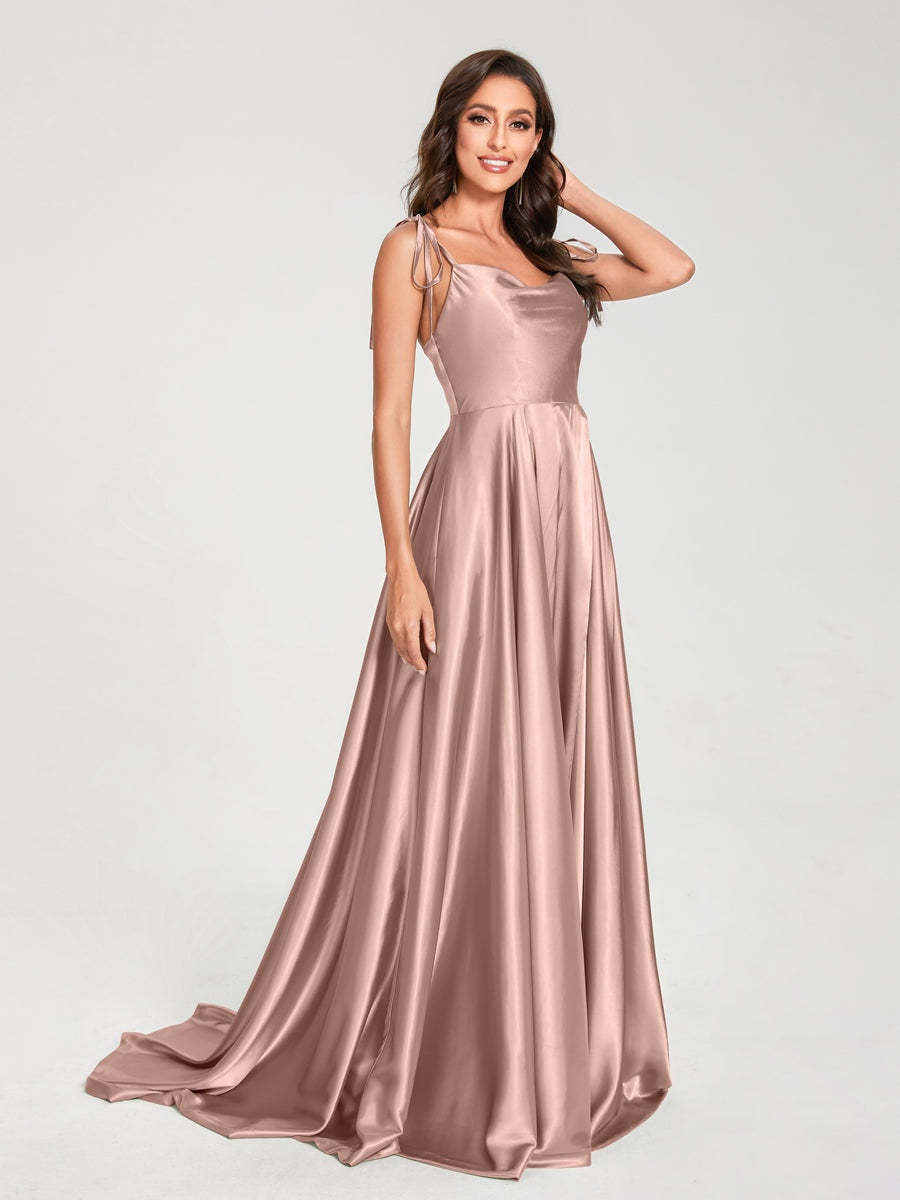 Spaghetti Strap Sleeveless A-Line Princess Floor-Length Bridesmaid Dress with Side Split