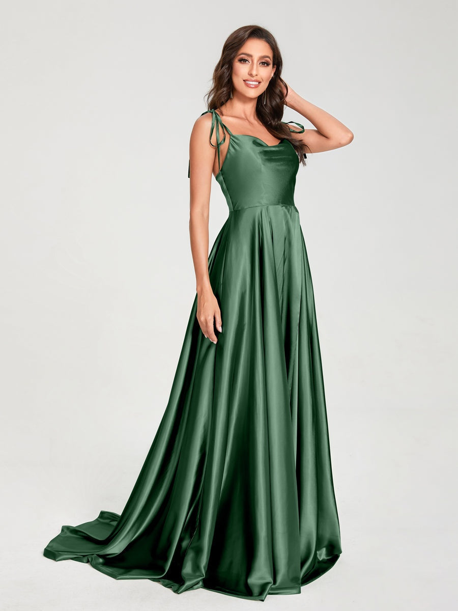 Spaghetti Strap Sleeveless A-Line Princess Floor-Length Bridesmaid Dress with Side Split