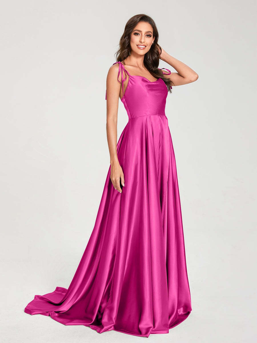 Spaghetti Strap Sleeveless A-Line Princess Floor-Length Bridesmaid Dress with Side Split