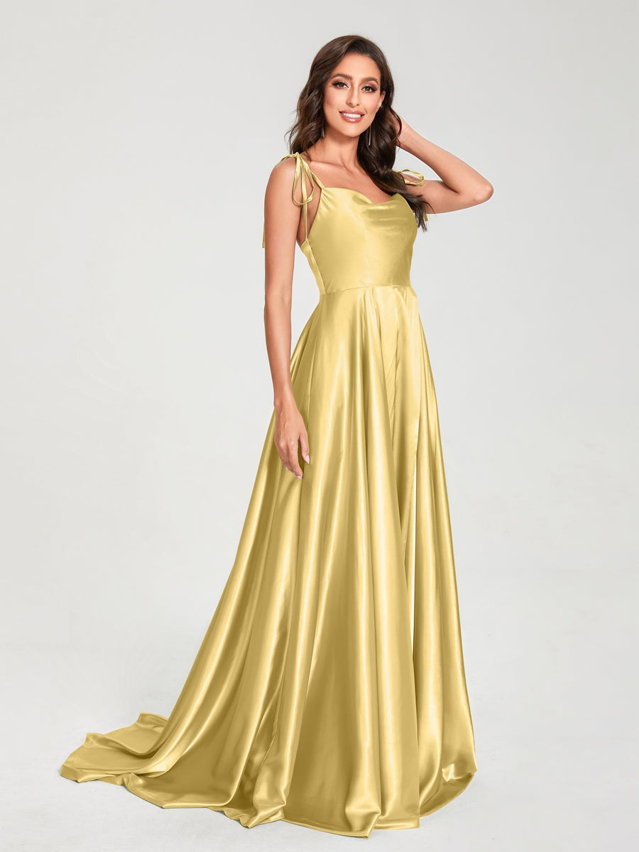 Spaghetti Strap Sleeveless A-Line Princess Floor-Length Bridesmaid Dress with Side Split